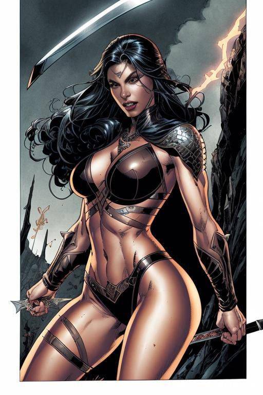 (((comics art))), ((high fantasy)), toned woman, determined face, swinging sword - #main