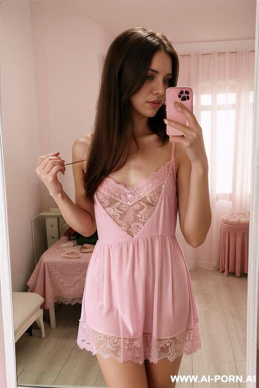 woman, long hair, short lace nightdress pink selfie photo in the mirror - #main