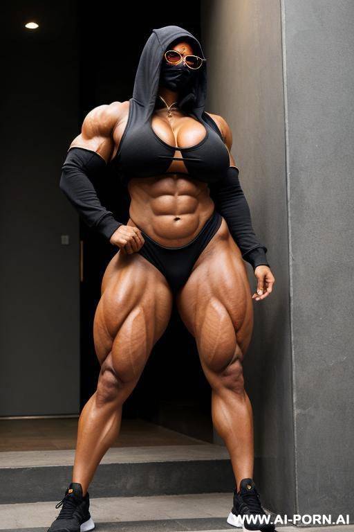 ripped monstrous muscular indian giantess with colossal boobs wearing tight hoodie, monstrous muscles, giant tall, monstrous body, monstrous legs, covering face with mask and glasses - #main