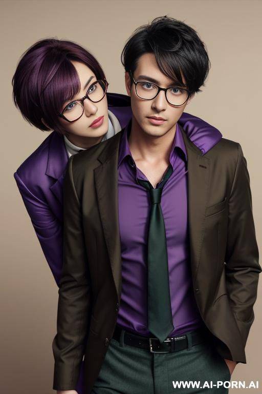 anime, a woman with tousled short hair, green eyes, a red shirt, tie, and a black jacket, next to her is a guy in a shirt with a purple jacket, brown bangs, and round glasses. they fuck - #main