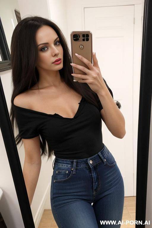 woman long hair jeans black top selfie photo in the mirror - #main