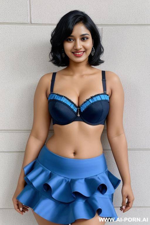 indians, 20 years, black hair, short messy hair, thick body, thick ass, blue bra, blue frilly skirt, navel piercing, smile, looking at camera, heels - #main