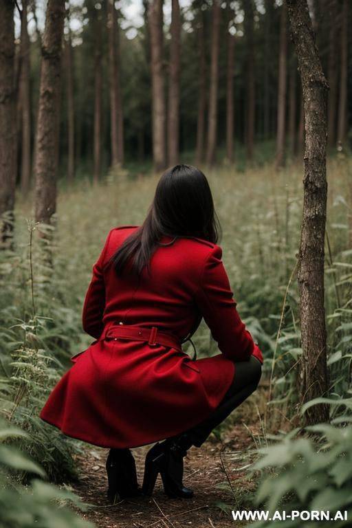 elegant, italian, red long coat, forest, weeds, bushes, squatting, - #main