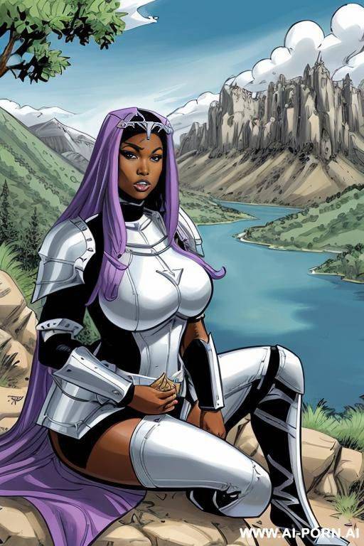 (((cartoon comics art))), ((high fantasy)), black woman, bbw, wearing white armor, sitting on mountainside, looking directly at a lake, sword stuck in ground nearby - #main