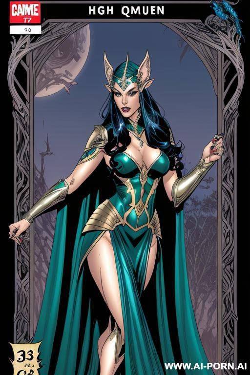 (((comics art))), ((high fantasy)), regal elven queen, long flowing dress - #main