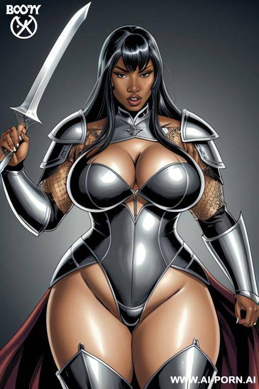 (((cartoon comics art))), ((high fantasy)), black woman, bbw, wearing silver armor, ((boobs out)), holding sword - #main