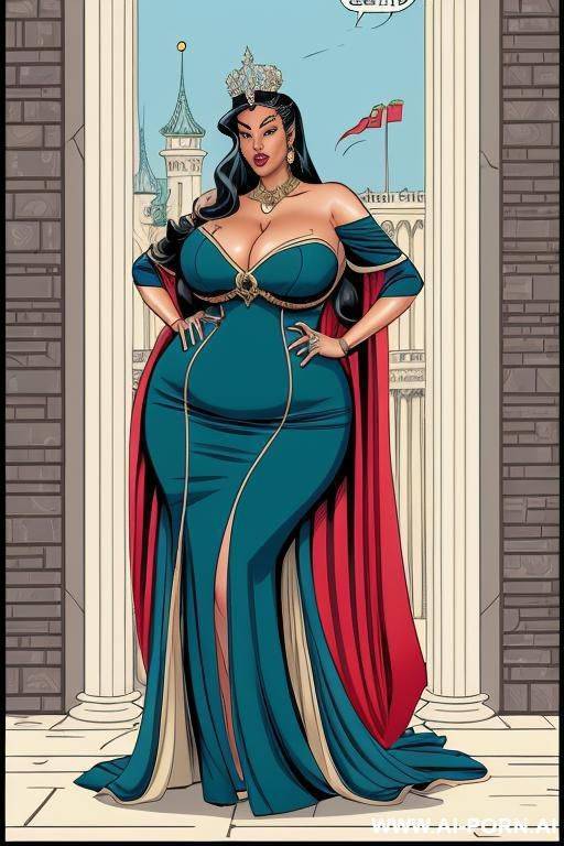 (((cartoon comics art))), ((high fantasy)), regal bbw queen, long flowing dress, palace background - #main