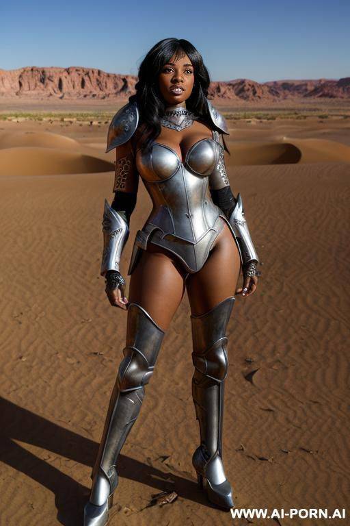 (((cartoon comics art))), ((high fantasy)), ((black woman)), wearing white metal armor, desert background - #main