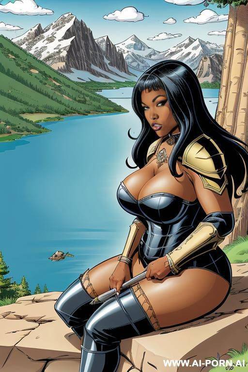 (((cartoon comics art))), ((high fantasy)), black woman, bbw, wearing armor, sitting on mountainside, looking directly at a lake, sword stuck in ground nearby - #main