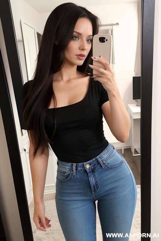 woman long hair jeans black top stands sideways selfie ass photo in the mirror - #main