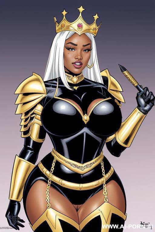 (((cartoon comics art))), ((high fantasy)), ((black woman)), queen, bbw, with crown, wearing golden armor - #main