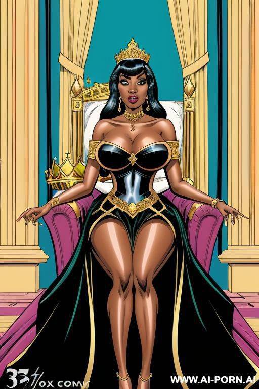 (((cartoon comics art))), ((high fantasy)), ((black woman)), queen, with crown, long flowing dress, palace background, sitting on throne - #main