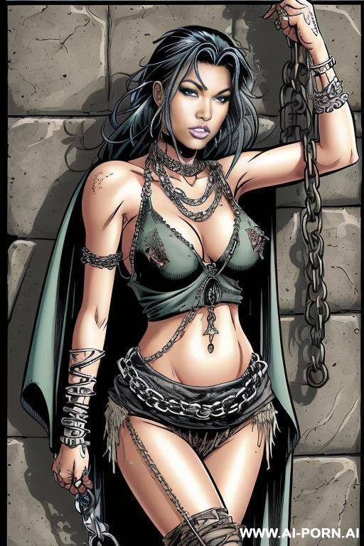 (((cartoon comics art))), ((high fantasy)), woman wearing ragged tattered clothes , wrapped in many chains, restra - #main