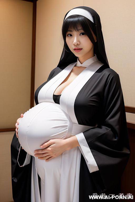 pregnant japanese nun , extremely massive boobs , open dress - #main