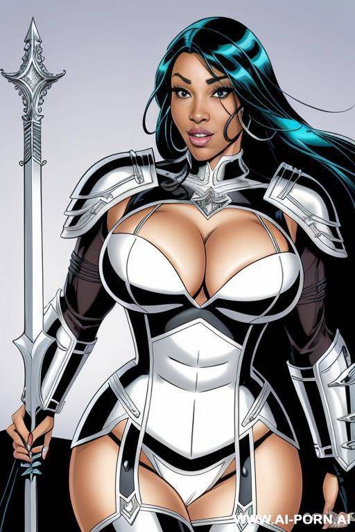 (((cartoon comics art))), ((high fantasy)), ((black woman)), ssbbw, wearing white metal armor, resting on sword - #main