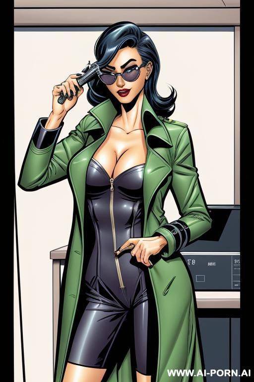 (((cartoon comics))), detective, woman in trenchcoat and sunglasses - #main