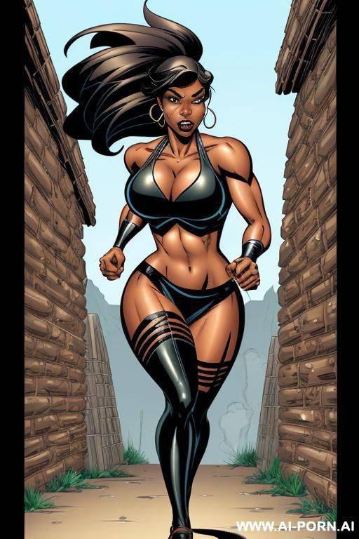 (((cartoon comics art))), ((high fantasy)), toned fit, black woman, fighter, running - #main