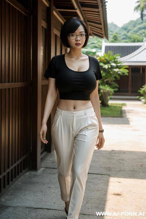 thailand, chinese woman ((big breasts)), short bob hair, glasses, walking in front of the house, fence, t-shirt, bare bottom (((showing pussy))) - #main