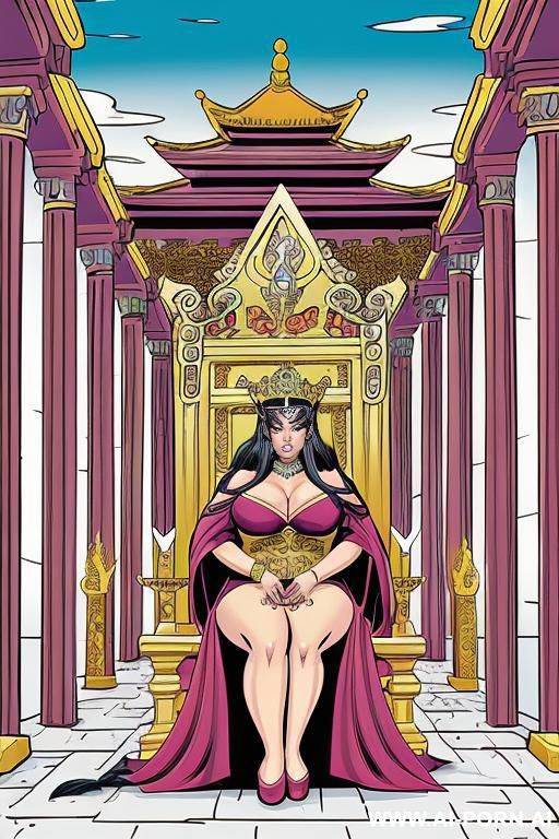 (((cartoon comics art))), ((high fantasy)), bbw queen, in temple, sitting on throne - #main