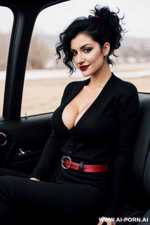 turkish woman with lip piercings short curly hair in a ponytail, wearing a black with red sweater and navy pants with a black belt, who’s into cars - #main