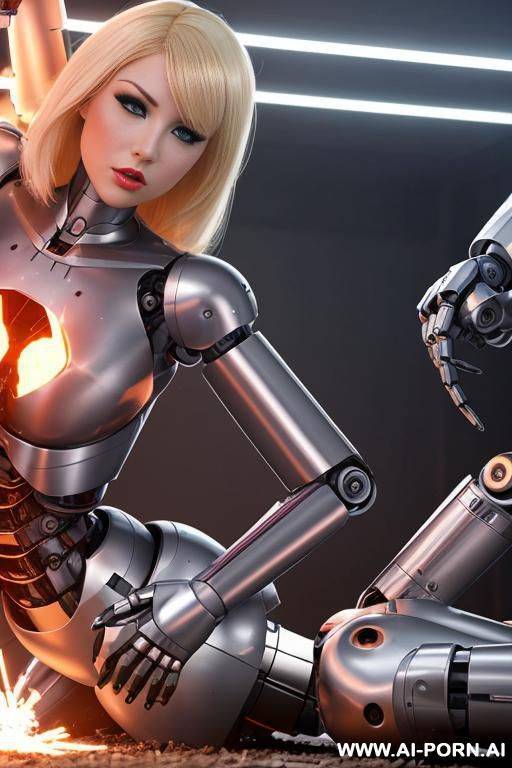 blonde robot damaged in a battle, lying on the ground, (sparks from robotic parts inside torso:1.3) - #main