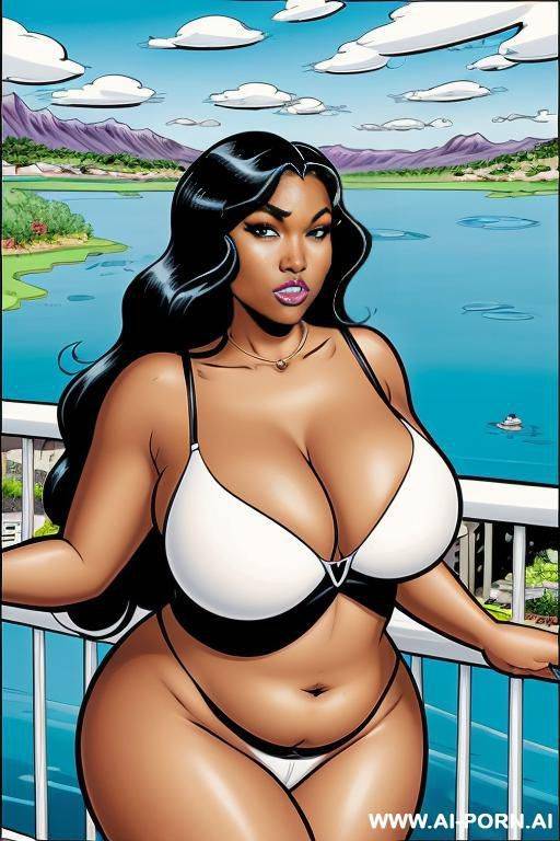 (((cartoon comics art))), ((high fantasy)), black woman, bbw, cleavage, on balcony overlooking a lake - #main