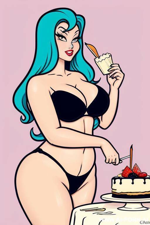 (((cartoon art))), woman, bbw, eating cake - #main