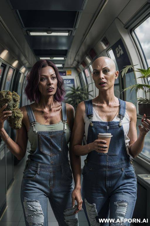 the image depicts two female zombie characters in the foreground, wearing denim overalls and tank tops, with ripped jeans, holding a potted cannabis plant in their hands. in the background, there is a dense forest of cannabis plants with a cloudy sky. - #main