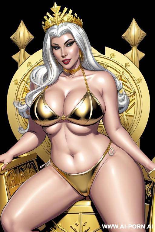 (((cartoon comics art))), ((high fantasy)), bbw queen, regal look, white hair, wearing ((golden metal bikini)), sitting on royal throne - #main