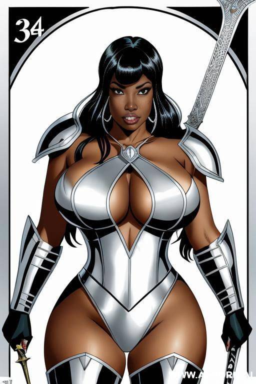 (((cartoon comics art))), ((high fantasy)), ((black woman)), bbw, wearing white metal armor, resting on sword - #main