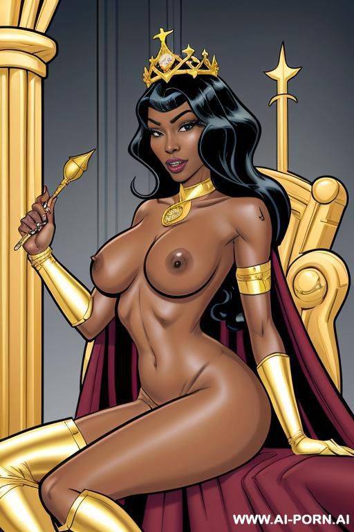 (((cartoon comics art))), ((high fantasy)), ((black woman)), queen, with crown, palace background, sitting on golden thrown, nude - #main