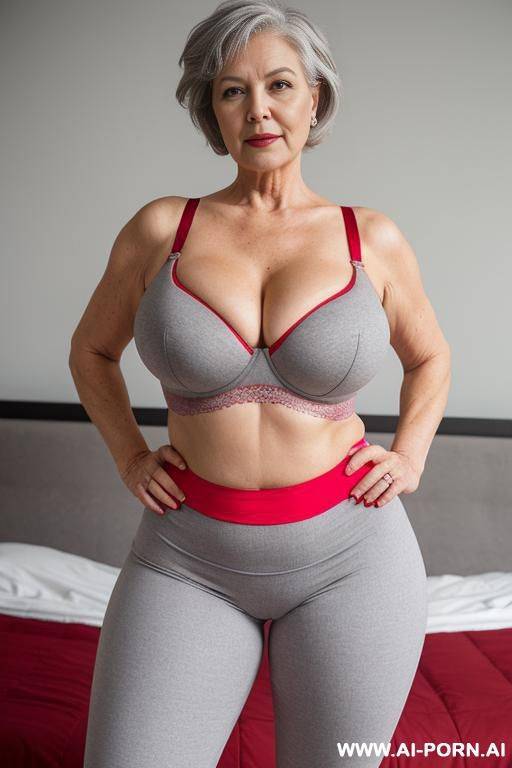 0 year old white grandmother, short gray hair, lady, full body, standing, age features clearly visible, gray hair, triangular hips, thick thighs, big butt, wearing red leggings and bra, hands on hips, double bedroom - #main