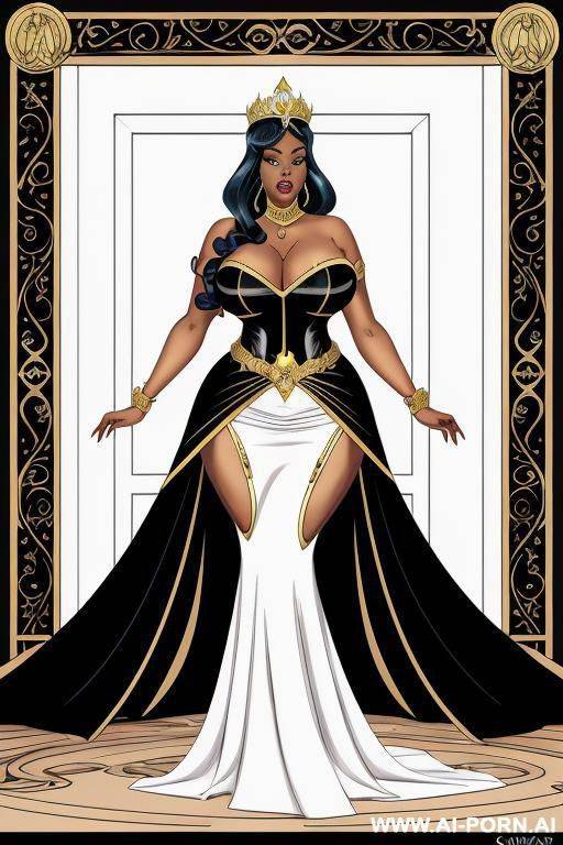 (((cartoon comics art))), ((high fantasy)), black bbw queen, with crown, long flowing dress, palace background - #main