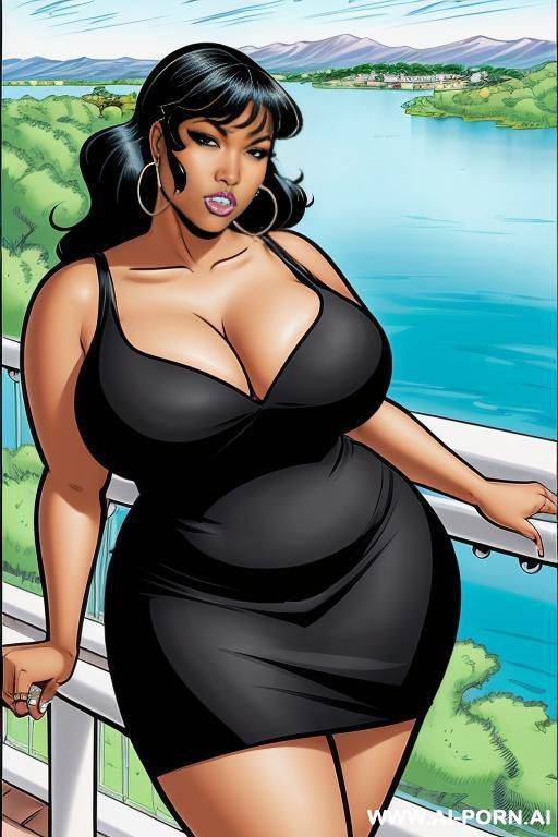 (((cartoon comics art))), ((high fantasy)) black woman, bbw, cotton dress, cleavage, on balcony overlooking a lake - #main