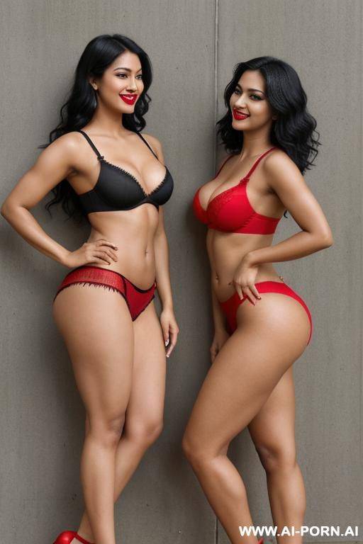 indians, 20 years, black hair, short wavy hair, navel piercing, muscular arms flexing, curvy body, smile, looking at camera, heels, tall, red noodle bra, red slit skirt, full body, side view, ass together, black lipstick - #main