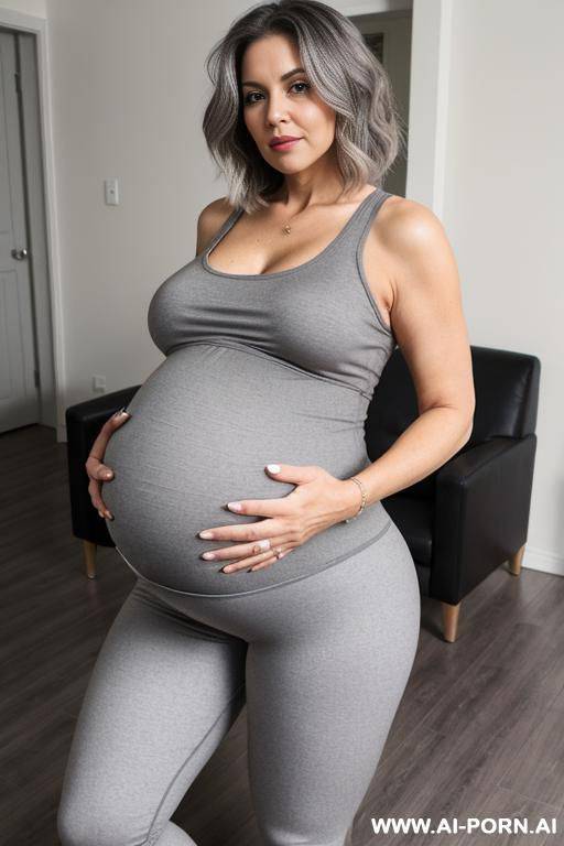 0 year old grandmother, full body, standing, short gray hair, very visible age marks, large natural breasts, triangle hips, thick thighs, wearing gray leggings and a short tank top, hands on her waist - #main