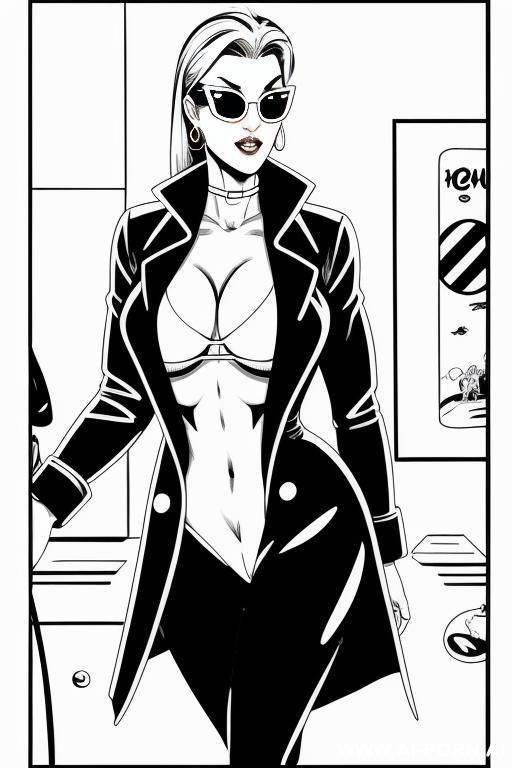 (((black and white cartoon comics))), woman in trenchcoat and sunglasses - #main