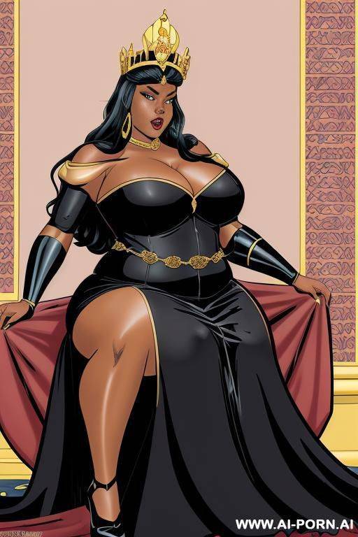 (((cartoon comics art))), ((high fantasy)), ((black bbw)), queen, with crown, long flowing dress, palace background, sitting on throne - #main