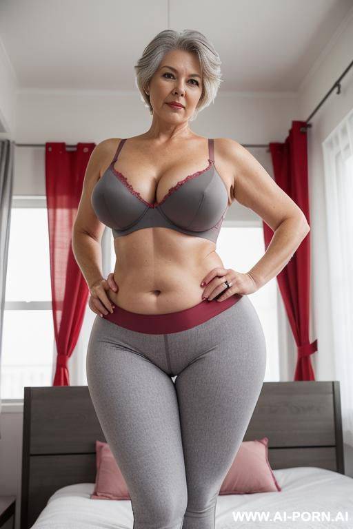 0 year old white grandmother, short gray hair, lady, full body, standing, age features clearly visible, gray hair, triangular hips, thick thighs, big butt, wearing red leggings and bra, hands on hips, double bedroom - #main