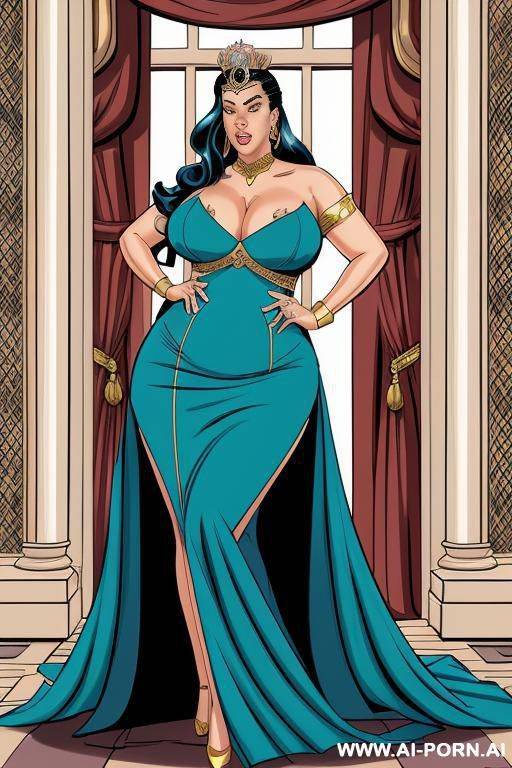 (((cartoon comics art))), ((high fantasy)), bbw queen, long flowing dress, palace background - #main