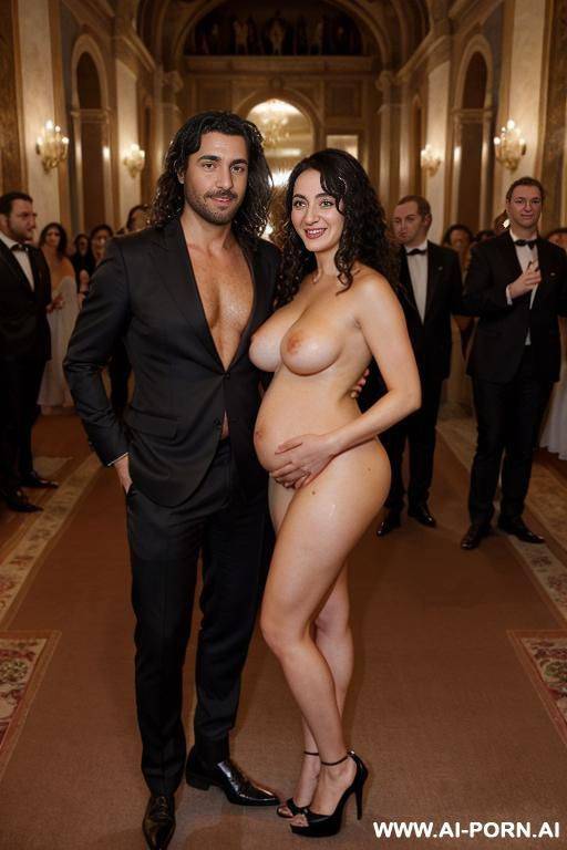 inside a beautiful opera with carpets, a lot of spectators. completely naked beautiful pregnant woman with italian beauty, in red high heels, black curls, breasts, hands and a man holds a woman by the ass, long hair braided in an elegant suit - #main