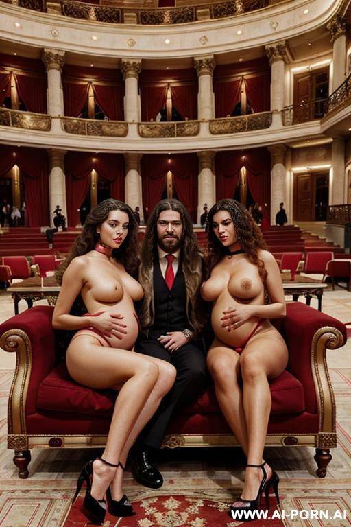 lots of people inside a beautiful opera with carpets, lots of spectators. a man in an armchair with long hair tied in an elegant suit, completely naked beautiful graceful three women in a - #main