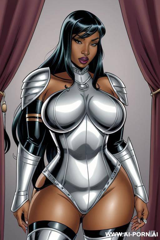 (((cartoon comics art))), ((high fantasy)), black woman, bbw, wearing silver armor, boobs out - #main