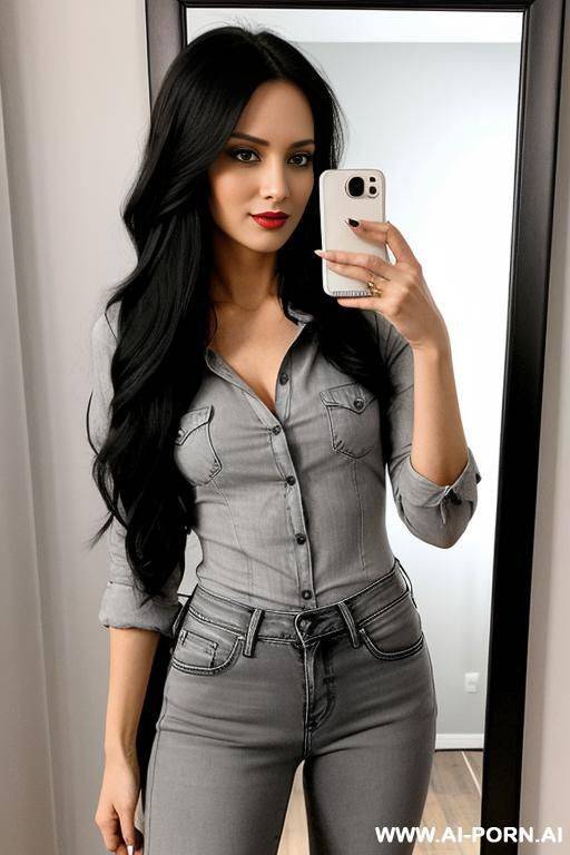 woman long hair gray jeans blouse black selfie photo in the mirror - #main