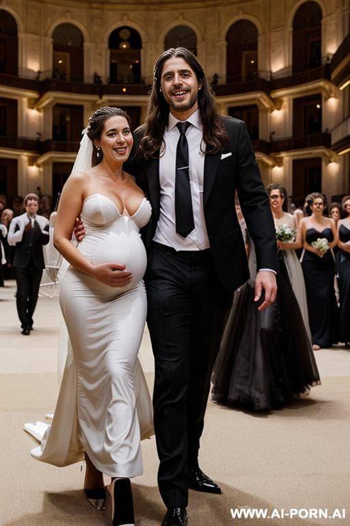 a lot of people in the background inside a beautiful opera with carpets, a lot of spectators. a naked beautiful pregnant woman with italian beauty, in a wedding veil, white high heels, black - #main