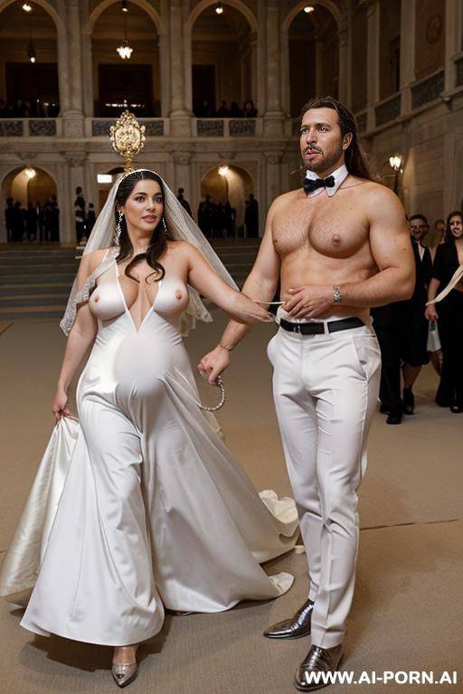 lots of people in the background inside a beautiful opera with carpets, lots of spectators. completely naked beautiful pregnant woman with italian beauty, wedding veil, white high heels, black - #main