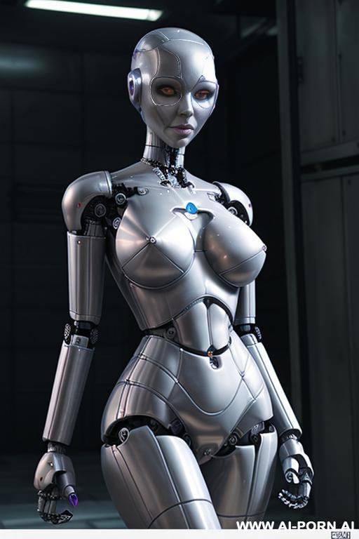 (((scared robot woman totally naked))), ((looking at the camera)), ((eyes contact)), full body view, ((massive hips)), huge curves, huge cleavage, legs open, (pussy visible), ((no panties)) - #main