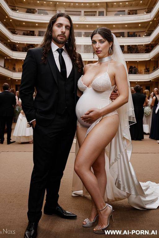 lots of people in the background inside a beautiful opera with carpets, lots of spectators. completely naked beautiful pregnant woman with italian beauty, in a wedding veil, white high heels, - #main