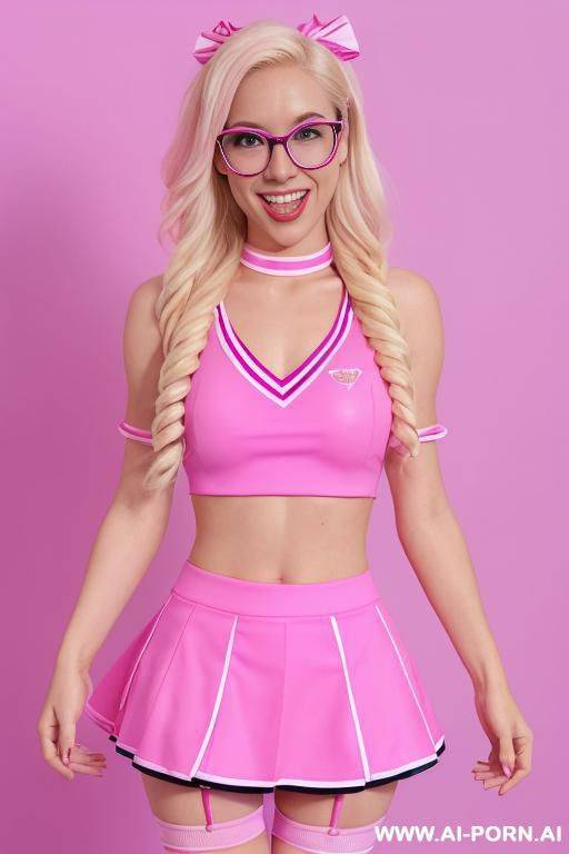 super cheerleader, energetic, beautiful asian with long blonde hair, all pink, pink cheerleader outfit, pink lingerie, pink neck band, looking directly at the camera, huge open smile, sexually inviting, pink round glasses, - #main