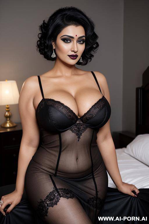 medium woman, curly black hair, indian milf, married wife, villain, horny, smokey eyes, black lipstick, cuckquean, makeup, slutty, wedding dress, church. - #main